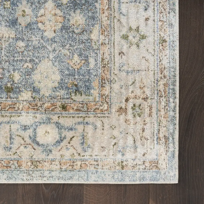 Blue Yellow And Cream Floral Medallion Distressed Washable Area Rug Photo 8