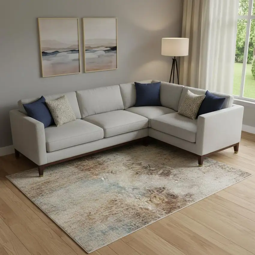 Blue Yellow And Cream Floral Medallion Distressed Washable Area Rug Photo 1