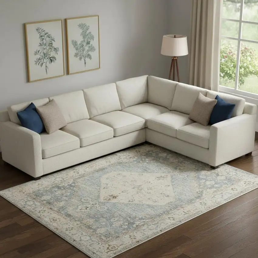 Blue Yellow And Cream Floral Medallion Distressed Washable Area Rug Photo 1