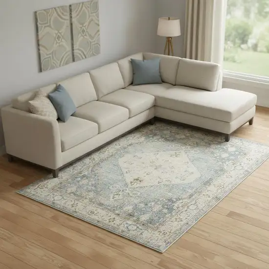 Blue Yellow And Cream Floral Medallion Distressed Washable Area Rug Photo 1