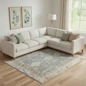 Photo of Blue Yellow And Cream Floral Medallion Distressed Washable Area Rug