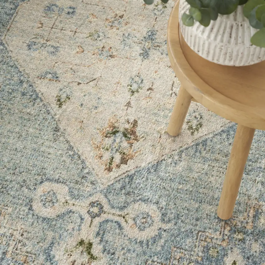 Blue Yellow And Cream Floral Medallion Distressed Washable Area Rug Photo 7