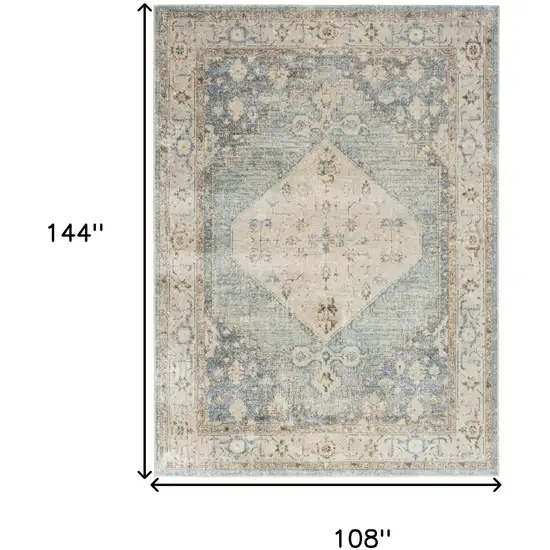 Blue Yellow And Cream Floral Medallion Distressed Washable Area Rug Photo 3