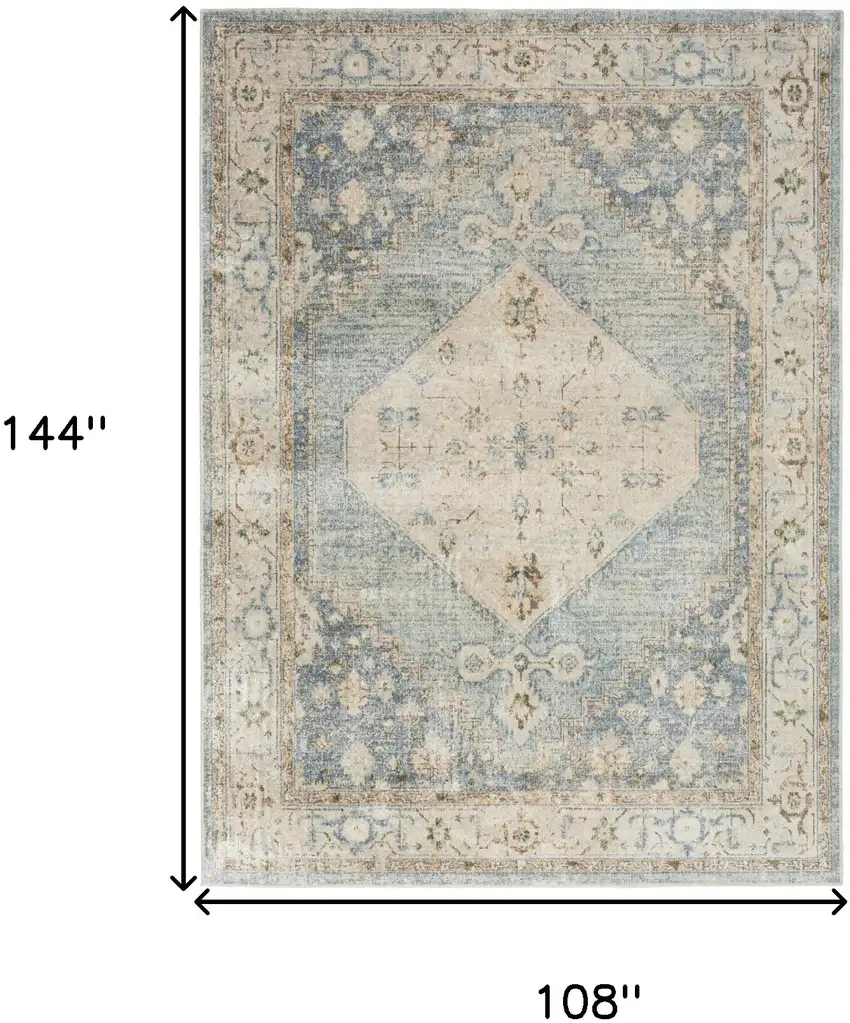 Blue Yellow And Cream Floral Medallion Distressed Washable Area Rug Photo 3