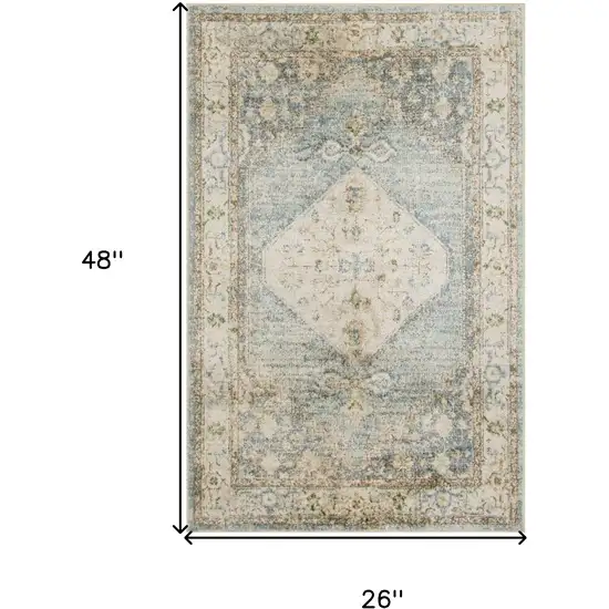Blue Yellow And Cream Floral Medallion Distressed Washable Area Rug Photo 3