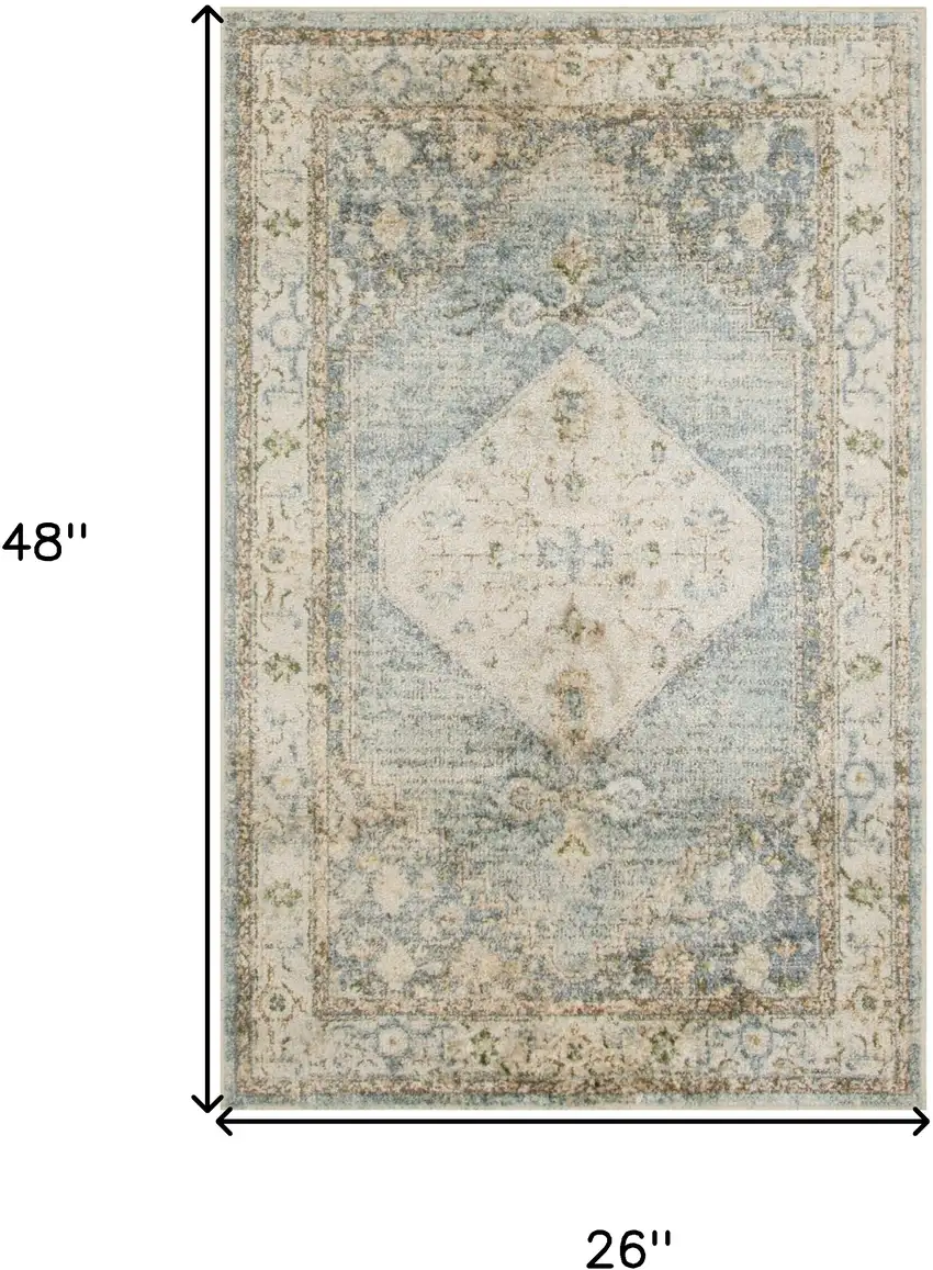 Blue Yellow And Cream Floral Medallion Distressed Washable Area Rug Photo 3
