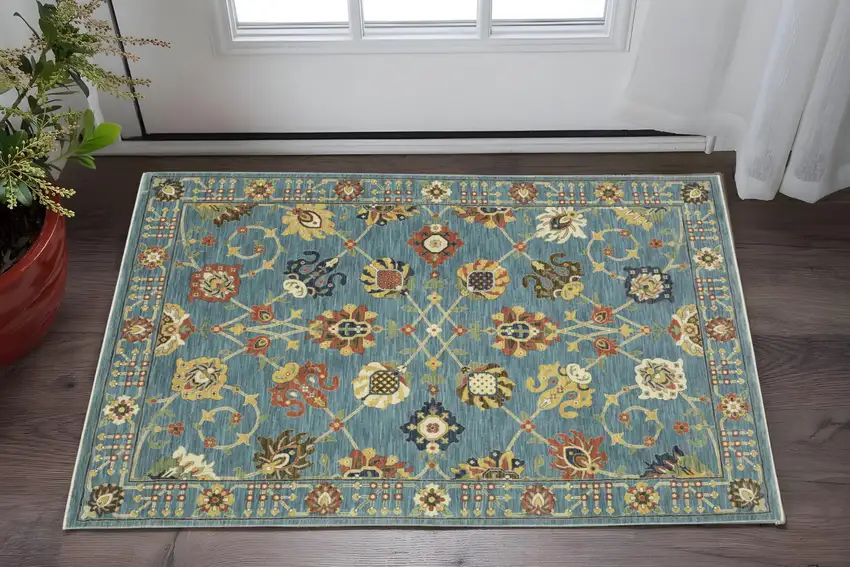Blue Yellow And Dark Orange Oriental Area Rug With Fringe Photo 1