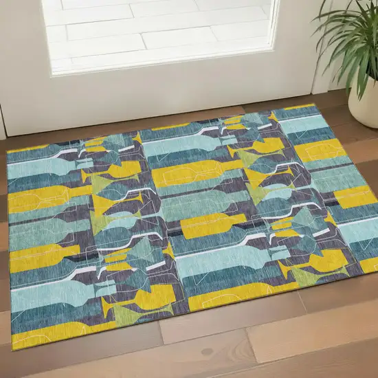 Blue Yellow And Green Geometric Washable Area Rug With UV Protection Photo 1