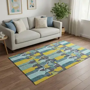 Photo of Blue Yellow And Green Geometric Washable Area Rug With UV Protection