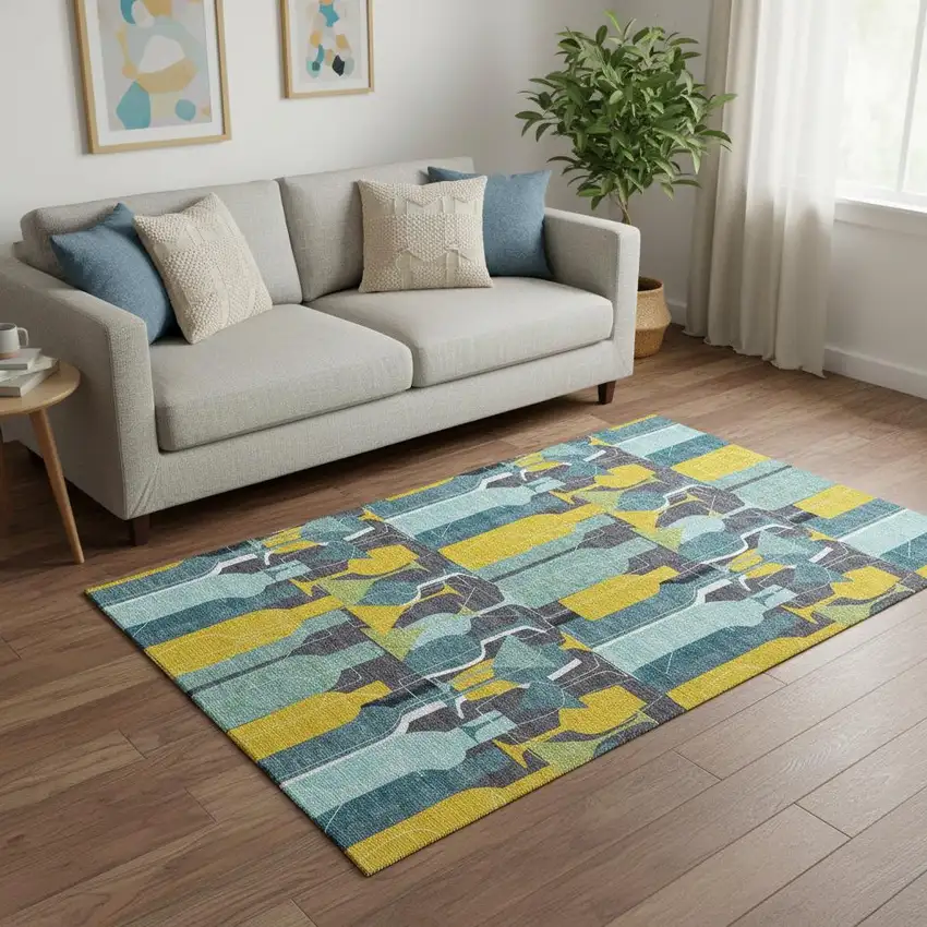 Blue Yellow And Green Geometric Washable Area Rug With UV Protection Photo 1