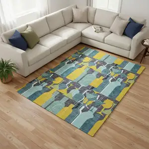 Photo of Blue Yellow And Green Geometric Washable Area Rug With UV Protection