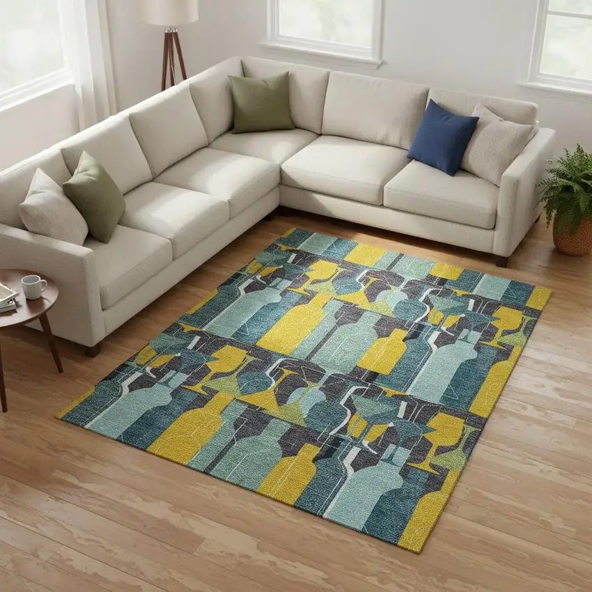 Blue Yellow And Green Geometric Washable Area Rug With UV Protection Photo 1