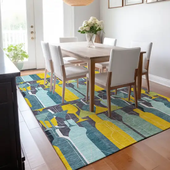 Blue Yellow And Green Geometric Washable Area Rug With UV Protection Photo 6