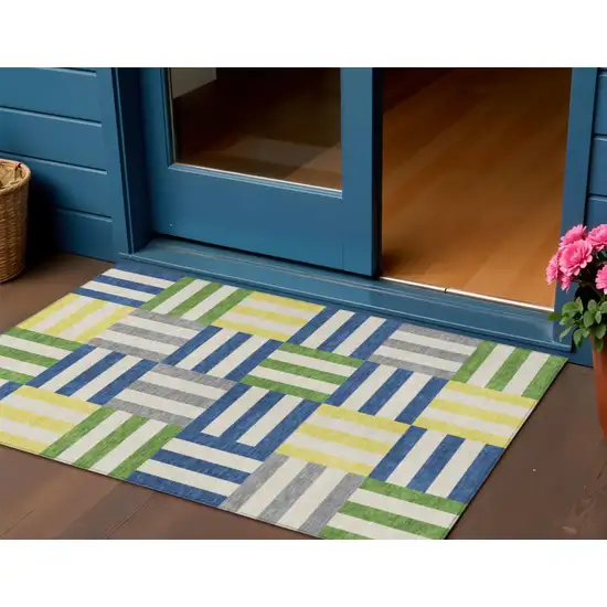 Blue Yellow And Green Geometric Washable Indoor Outdoor Area Rug Photo 1