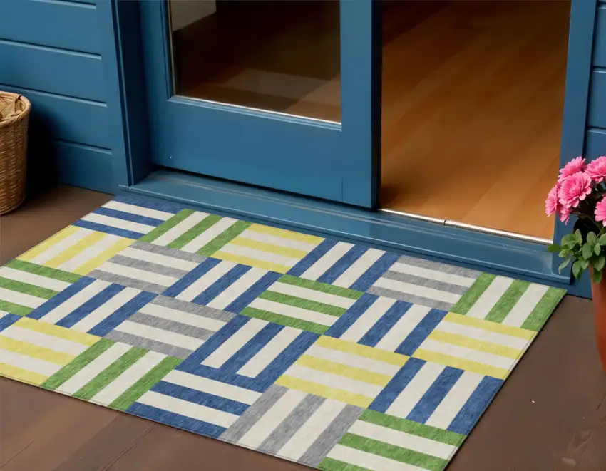 Blue Yellow And Green Geometric Washable Indoor Outdoor Area Rug Photo 1