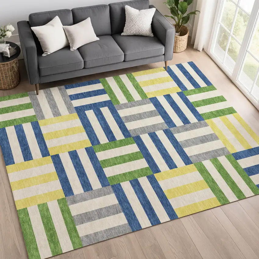 Blue Yellow And Green Geometric Washable Indoor Outdoor Area Rug Photo 9