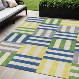 Photo of Blue Yellow And Green Geometric Washable Indoor Outdoor Area Rug