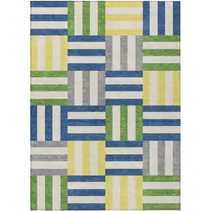 Photo of Blue Yellow And Green Geometric Washable Indoor Outdoor Area Rug