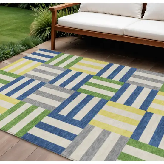 Blue Yellow And Green Geometric Washable Indoor Outdoor Area Rug Photo 1