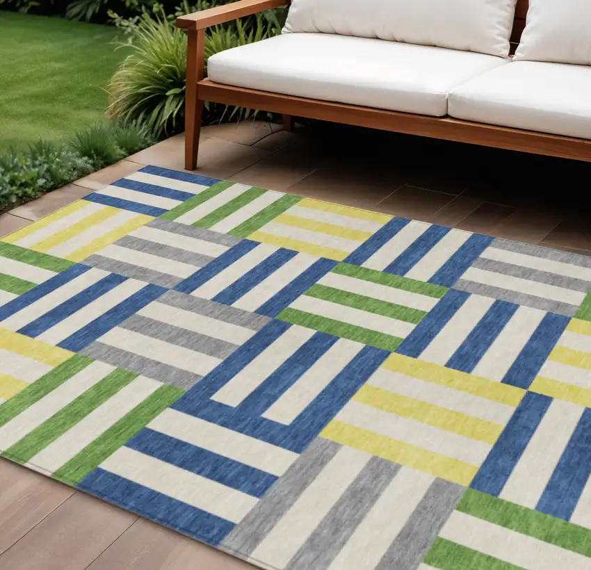 Blue Yellow And Green Geometric Washable Indoor Outdoor Area Rug Photo 1