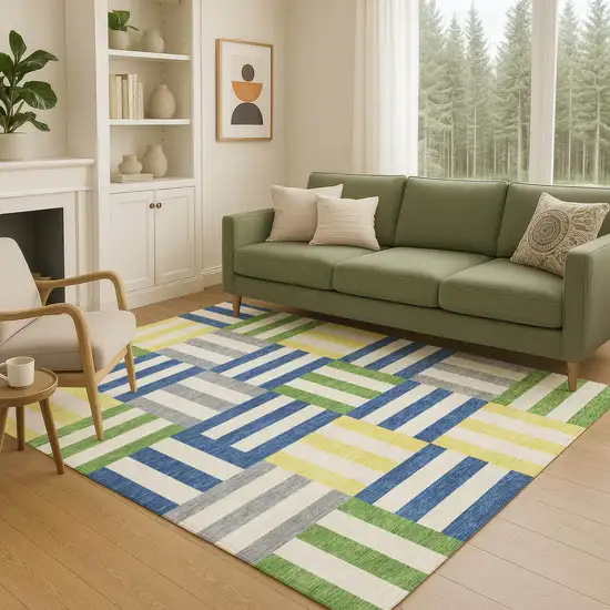 Blue Yellow And Green Geometric Washable Indoor Outdoor Area Rug Photo 9