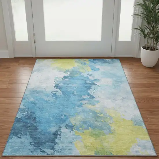 Blue Yellow And Ivory Abstract Washable Area Rug With UV Protection Photo 2