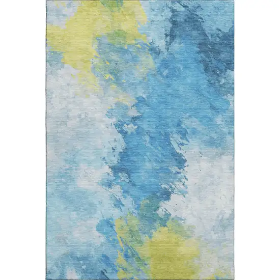 Blue Yellow And Ivory Abstract Washable Area Rug With UV Protection Photo 1