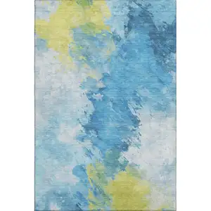 Photo of Blue Yellow And Ivory Abstract Washable Area Rug With UV Protection