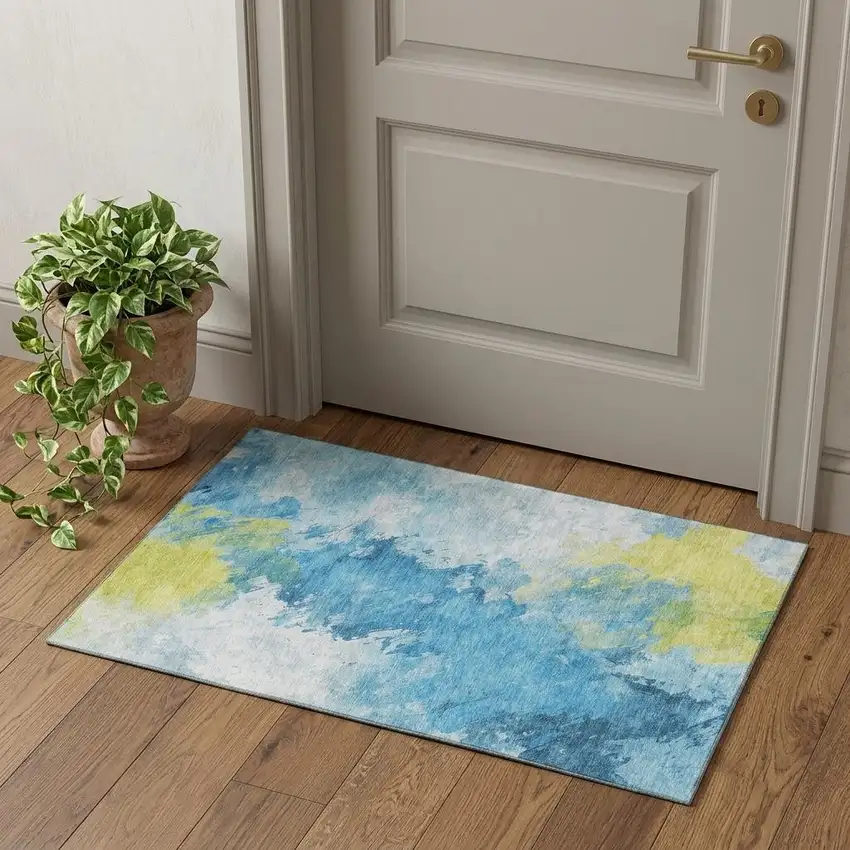 Blue Yellow And Ivory Abstract Washable Area Rug With UV Protection Photo 1