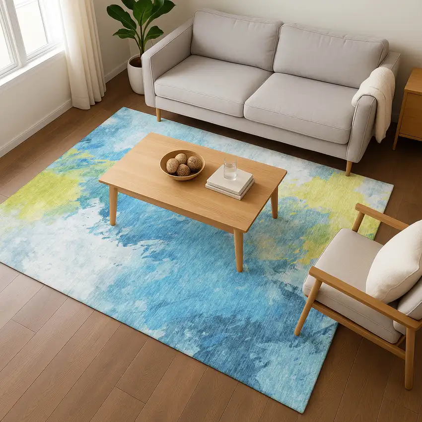 Blue Yellow And Ivory Abstract Washable Area Rug With UV Protection Photo 5