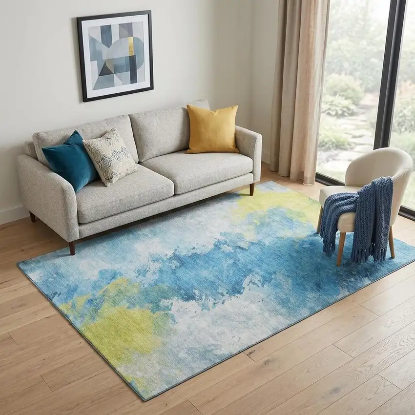 Blue Yellow And Ivory Abstract Washable Area Rug With UV Protection Photo 1