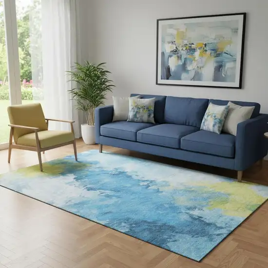 Blue Yellow And Ivory Abstract Washable Area Rug With UV Protection Photo 2
