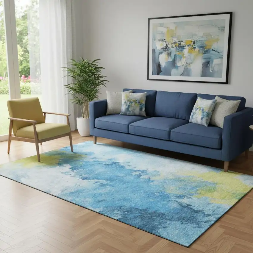 Blue Yellow And Ivory Abstract Washable Area Rug With UV Protection Photo 2