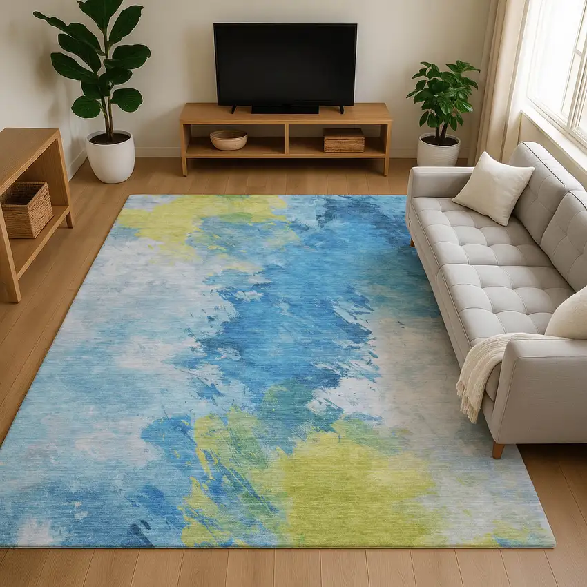 Blue Yellow And Ivory Abstract Washable Area Rug With UV Protection Photo 4
