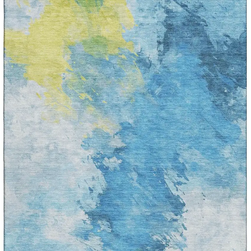 Blue Yellow And Ivory Abstract Washable Area Rug With UV Protection Photo 3