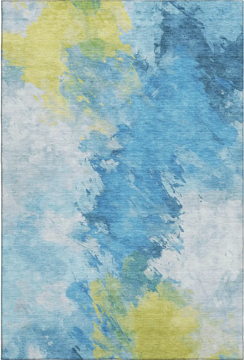 Blue Yellow And Ivory Abstract Washable Area Rug With UV Protection Photo 1