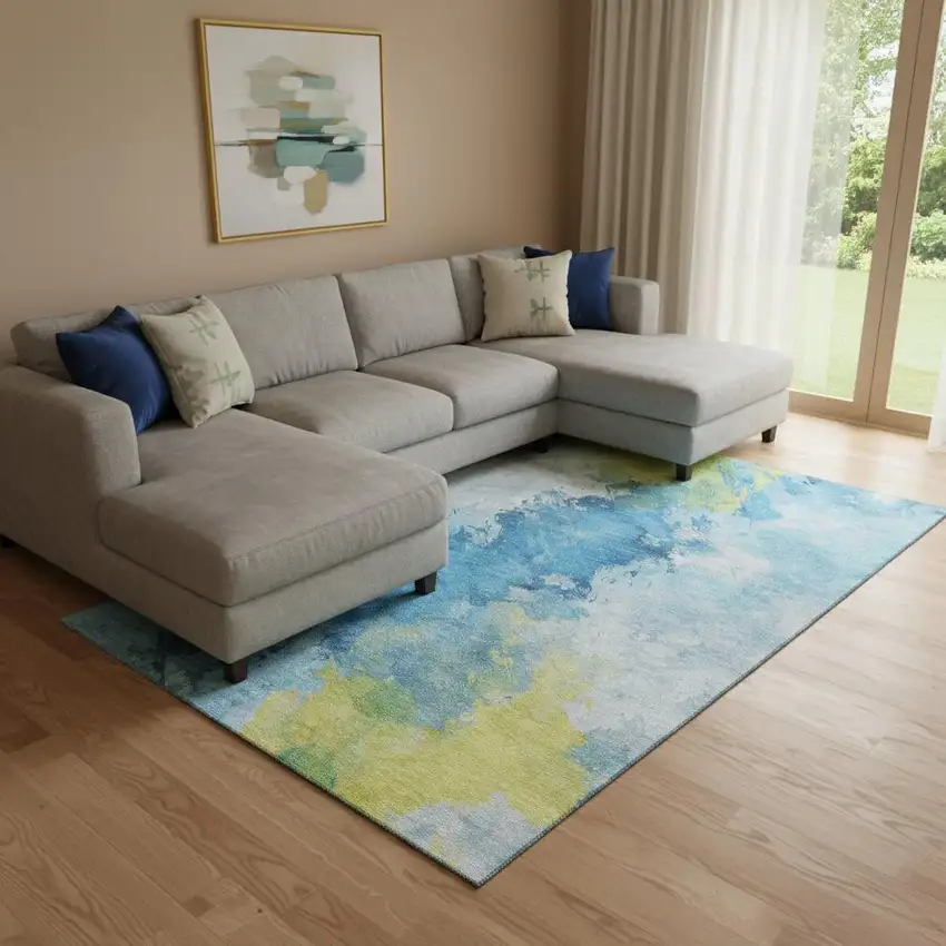 Blue Yellow And Ivory Abstract Washable Area Rug With UV Protection Photo 2