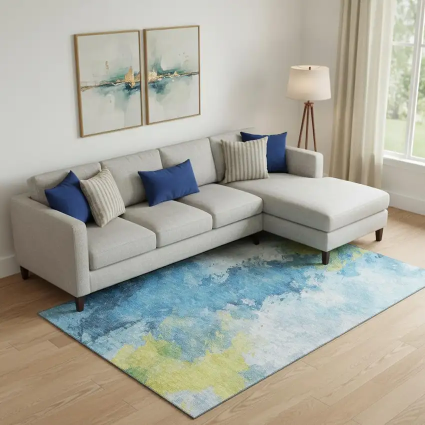 Blue Yellow And Ivory Abstract Washable Area Rug With UV Protection Photo 2