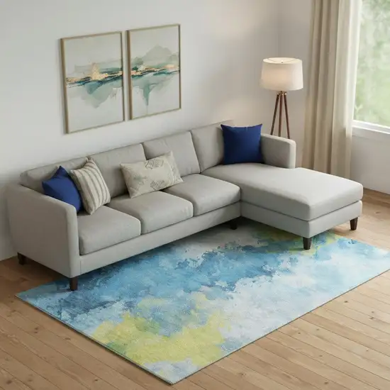 Blue Yellow And Ivory Abstract Washable Area Rug With UV Protection Photo 2