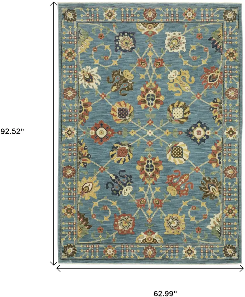 Blue Yellow And Ivory Oriental Area Rug With Fringe Photo 3