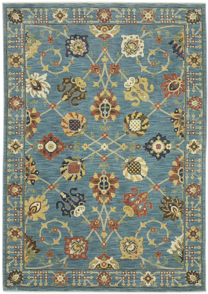 Blue Yellow And Ivory Oriental Area Rug With Fringe Photo 2