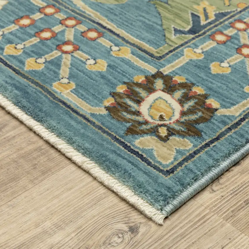 Blue Yellow And Ivory Oriental Area Rug With Fringe Photo 9
