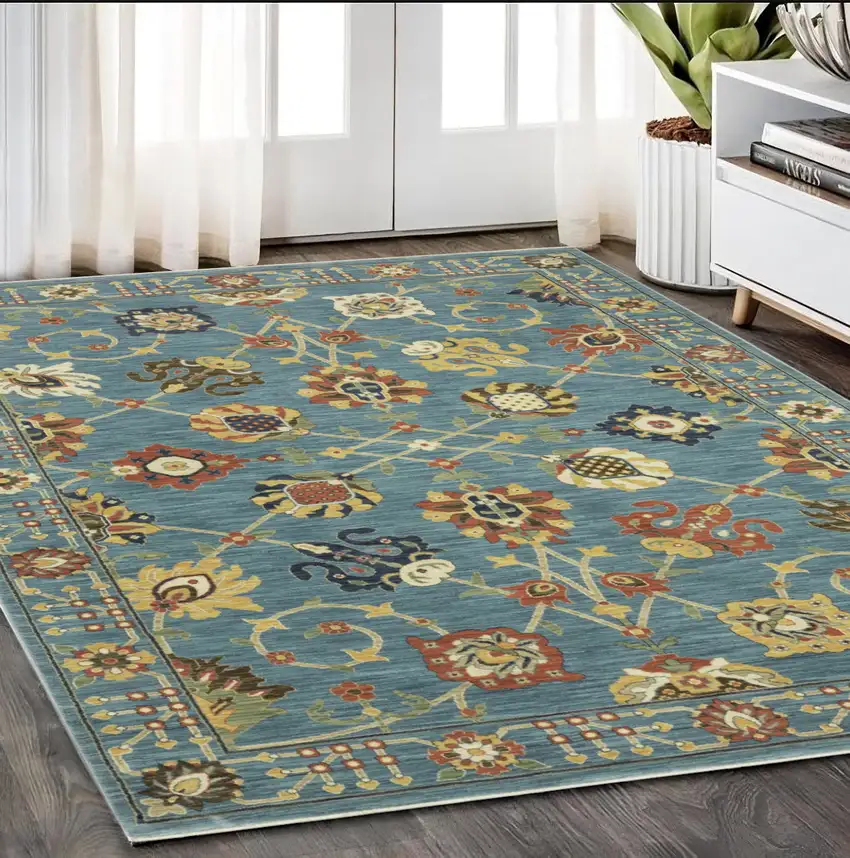 Blue Yellow And Ivory Oriental Area Rug With Fringe Photo 1