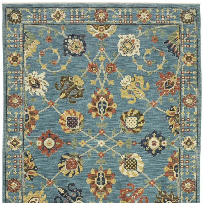 Blue Yellow And Ivory Oriental Area Rug With Fringe Photo 8