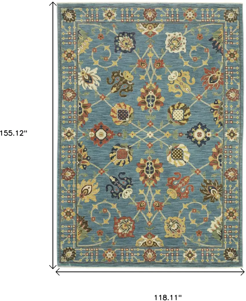 Blue Yellow And Ivory Oriental Area Rug With Fringe Photo 3