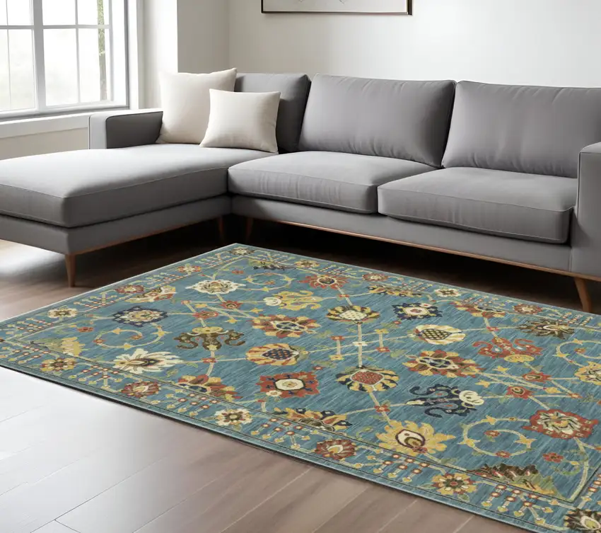 Blue Yellow And Ivory Oriental Area Rug With Fringe Photo 1