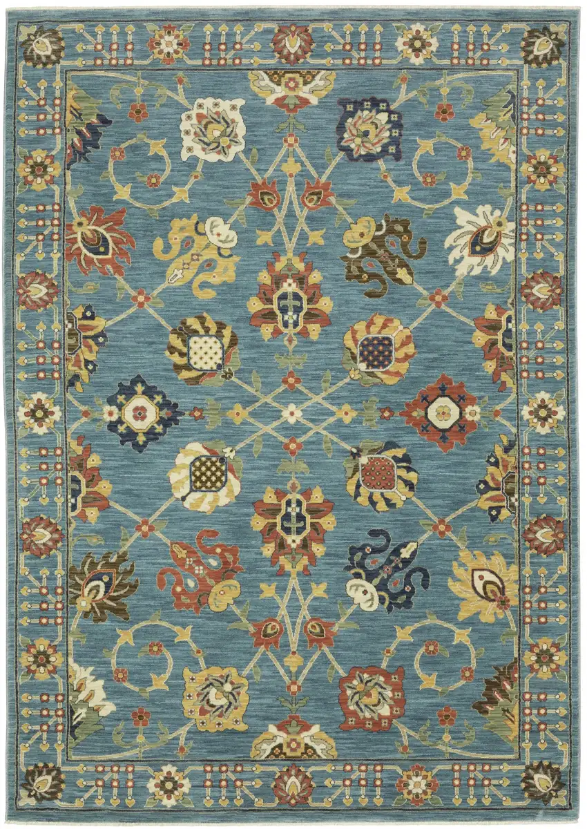 Blue Yellow And Ivory Oriental Area Rug With Fringe Photo 9
