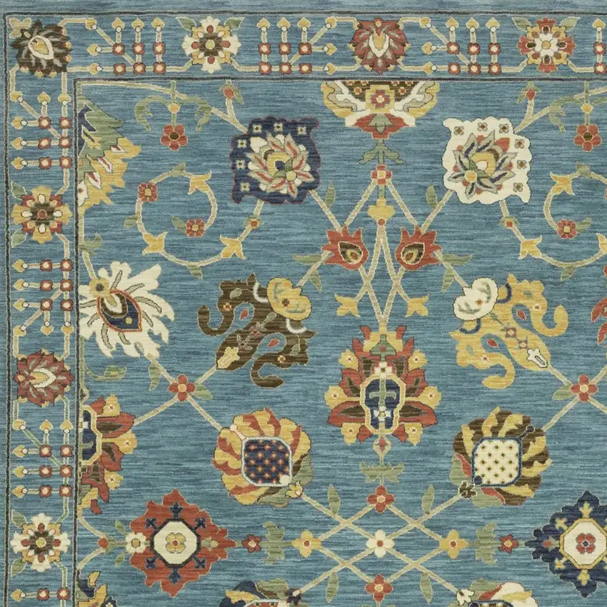 Blue Yellow And Ivory Oriental Area Rug With Fringe Photo 8