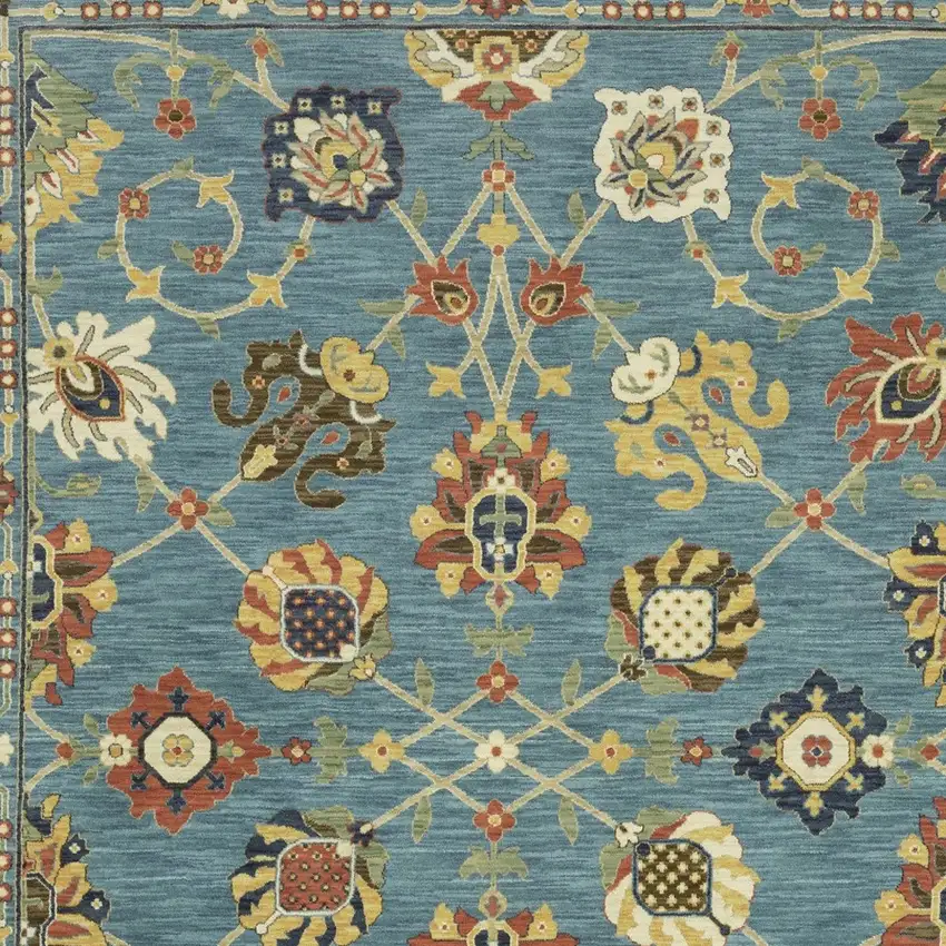 Blue Yellow And Ivory Oriental Area Rug With Fringe Photo 8