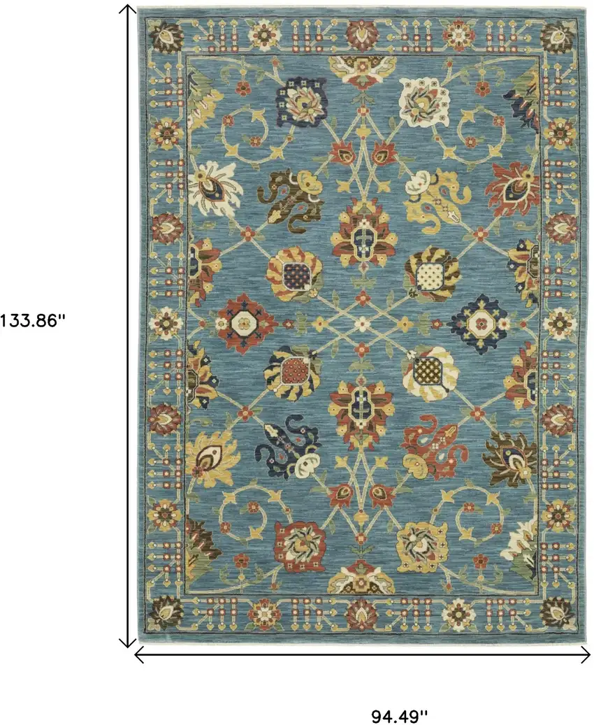 Blue Yellow And Ivory Oriental Area Rug With Fringe Photo 3